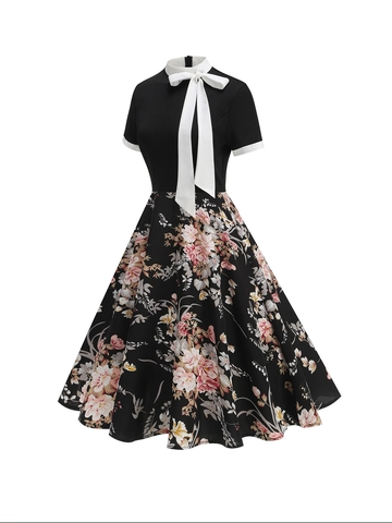 Robe Midi Style Hepburn à Manches Courtes Vintage pour Femmes Col à Nœud Contrasté Imprimé Floral Feuilles de Palmier Coupe en A