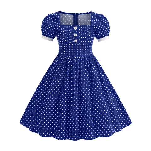 Abito Vintage a Pois per Ragazze Retrò Scollo Quadrato Maniche a Sbuffo Linea A Abito da Festa Dolce Vestito da Principessa Per Bambini