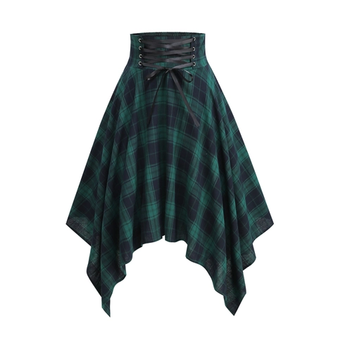 Damen Gothic Unregelmäßiger Karierter Rock Dunkelgrün Schwarz Hohe Taille Gesmokt Schnürung Taschentuch Saum Streetwear Rock