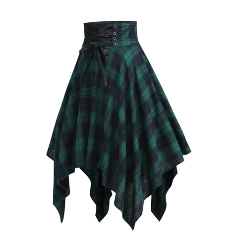 Damen Gothic Unregelmäßiger Karierter Rock Dunkelgrün Schwarz Hohe Taille Gesmokt Schnürung Taschentuch Saum Streetwear Rock