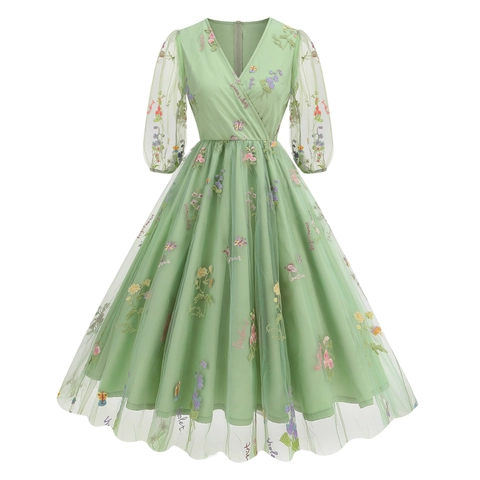 Women's French Vintage V Neck Floral Embroidery Mesh Midi Dress Elegant Puff Sleeve Waist Slimming Fairy Party Dress