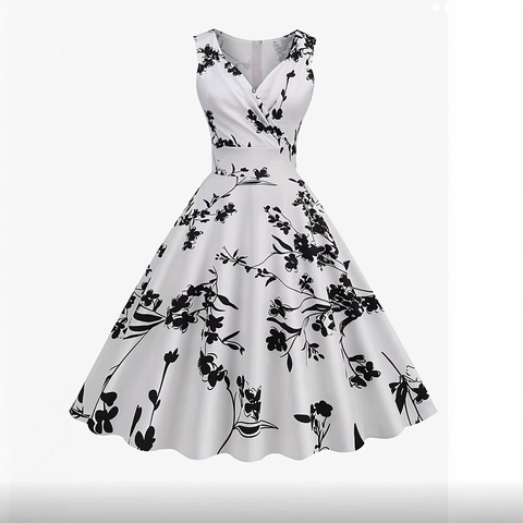 Robe Midi Trapèze Sans Manches à Col en V et Imprimé Floral Audrey Hepburn Rétro pour Femmes Élégante Robe de Cocktail Vintage Party Swing