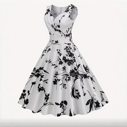 Robe Midi Trapèze Sans Manches à Col en V et Imprimé Floral Audrey Hepburn Rétro pour Femmes Élégante Robe de Cocktail Vintage Party Swing