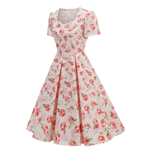 Abito Midi Vintage Stile Hepburn con Scollo Quadrato e Stampa Floreale a Manica Corta per Donna Estivo Spiaggia A-Line Ampia Gonna Retro