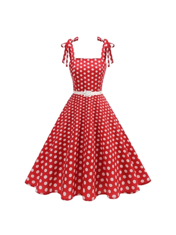 Vestito Midi a Pois da Donna Retrò Stile Hepburn Scollo Quadrato Fiocco sulle Spalle Schiena a Punto Smock Vita Alta Abito a Ruota con Cintura