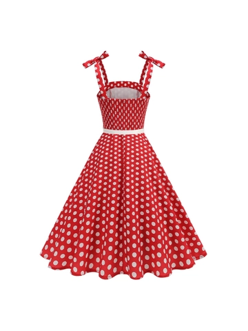 Vestito Midi a Pois da Donna Retrò Stile Hepburn Scollo Quadrato Fiocco sulle Spalle Schiena a Punto Smock Vita Alta Abito a Ruota con Cintura