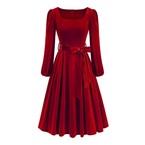 Women Elegant Velvet Square Neck Puff Sleeve Midi Dress Vintage High Waist Tie Christmas Party Solid Color Swing Dress