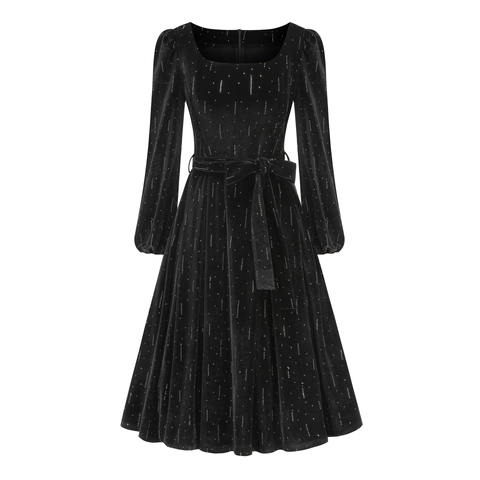 Women Elegant Velvet Square Neck Puff Sleeve Midi Dress Vintage High Waist Tie Christmas Party Solid Color Swing Dress