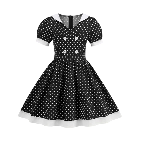 Vintage Girls Polka Dot A-Line Dress Puff Sleeve Peter Pan Collar Retro Hepburn Style Summer Dress For Kids
