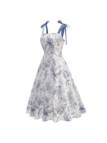 Vintage Franse Bloemen Maxi Jurk Met Strikbandjes A-Lijn Gesmokte Achterkant Hepburn Stijl Zomer Vakantie Jurk