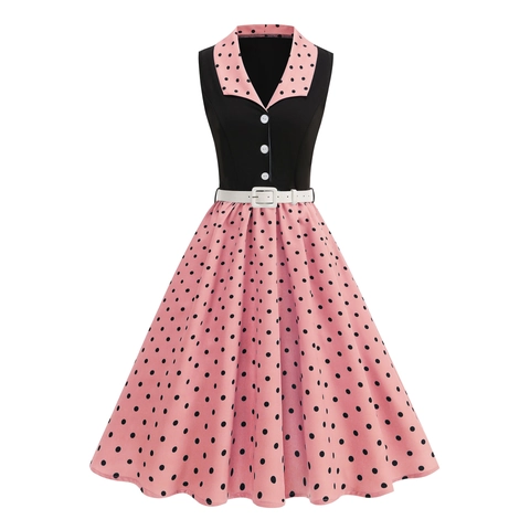 Vintage Polka Dot Sleeveless Midi Dress Contrast Color Hepburn Style Retro A-Line Swing Party Dress For Women With Belt