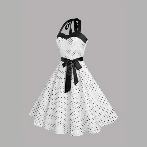 Vestito Midi Vintage con Scollo a Halter a Pois per Donna Scollo a Cuore a Trapezio Swing Vestito da Festa con Cintura