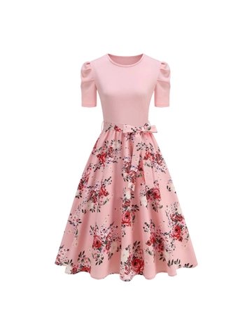 Abito Midi Rosa Floreale Donna Manica a Sbuffo Dolce Linea a Trapezio Retro Stampato Manica Corta Cintura Elegante Abiti Festa