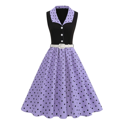 Vintage Polka Dot Sleeveless Midi Dress Contrast Color Hepburn Style Retro A-Line Swing Party Dress For Women With Belt