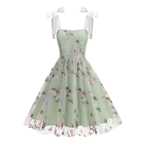 Abito a Canotta Donna Elegante in Mesh con Ricami Floreali Dolce Fiocco in Raso Spalline Linea A Abito Midi Festa Estate