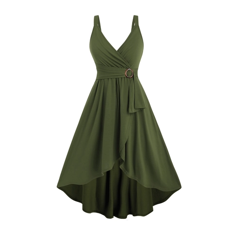 Vestito da Donna Senza Maniche con Scollo a V e Orlo Alto-Basso Elegante con Fibbia in Vita Tinta Unita Vestito Midi