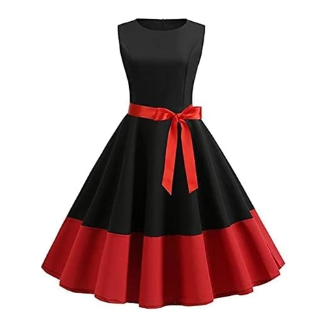 Vintage 1950s Hepburn Style Sleeveless Midi Dress Round Neck Black Red Color Block Bowknot Swing Party Dress For Women