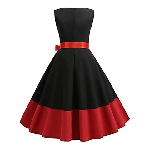 Vintage 1950s Hepburn Style Sleeveless Midi Dress Round Neck Black Red Color Block Bowknot Swing Party Dress For Women