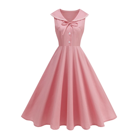 Women's 1950s Retro A-Line Midi Dress Sleeveless Sailor Collar Lace Trim Bowknot Button Solid Color Vintage Swing Party Dress