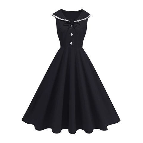 Women's 1950s Retro A-Line Midi Dress Sleeveless Sailor Collar Lace Trim Bowknot Button Solid Color Vintage Swing Party Dress