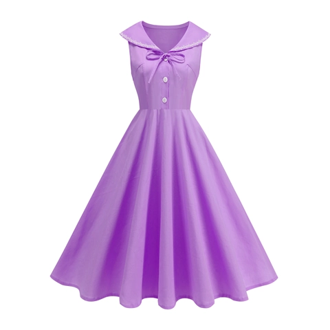 Women's Vintage 50s Sleeveless A-Line Swing Dress Peter Pan Collar Bow Lace Trim Cocktail Party Elegant Midi Dress