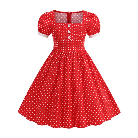 Abito Vintage a Pois per Ragazze Retrò Scollo Quadrato Maniche a Sbuffo Linea A Abito da Festa Dolce Vestito da Principessa Per Bambini