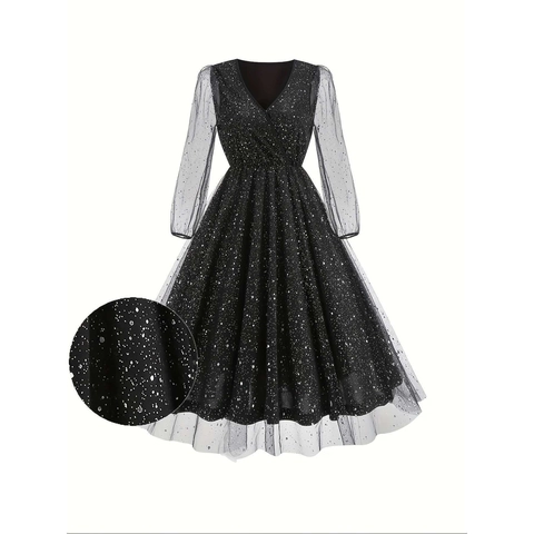 Robe Longue Élégante en Patchwork de Maille Col en V Ciel Étoilé à Paillettes Ligne A Robe Midi Coupe Slim Pullover Femme