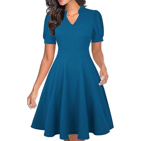 Vestido Midi Vintage para Mujer Cuello en V Manga Corta Elegante Mangas Abullonadas Cintura Alta Línea A Cóctel Color Sólido