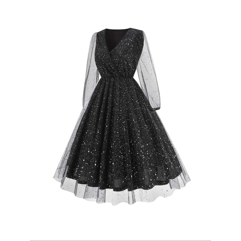 Robe Longue Élégante en Patchwork de Maille Col en V Ciel Étoilé à Paillettes Ligne A Robe Midi Coupe Slim Pullover Femme