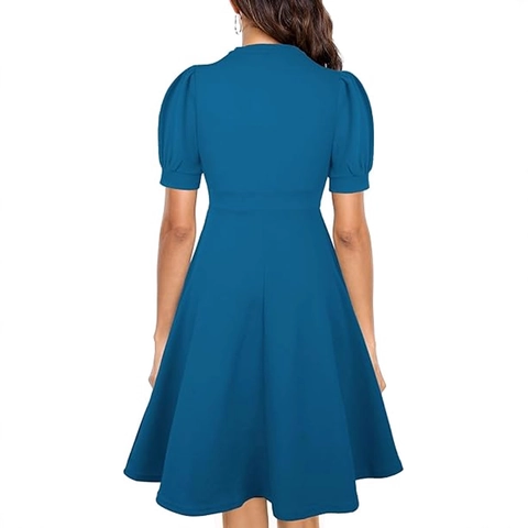 Vestido Midi Vintage para Mujer Cuello en V Manga Corta Elegante Mangas Abullonadas Cintura Alta Línea A Cóctel Color Sólido