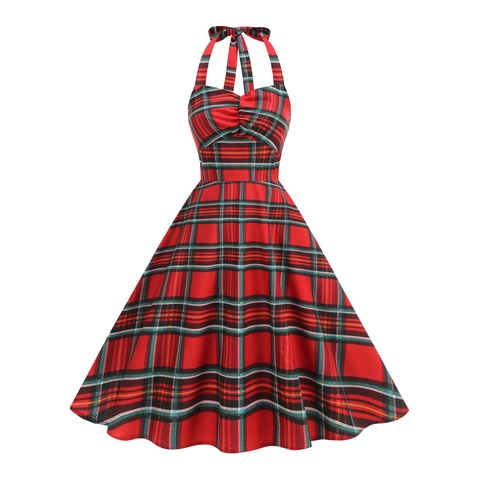 Robe Midi Vintage Noël Carreaux Rouge Vert Dos Nu Halter Femme Style Hepburn Années 50 Taille Smokée Rétro Robe Évasée