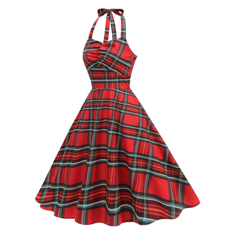 Robe Midi Vintage Noël Carreaux Rouge Vert Dos Nu Halter Femme Style Hepburn Années 50 Taille Smokée Rétro Robe Évasée