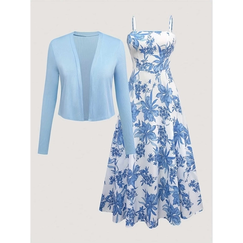 Damen Rippstrick Strickjacke Und Maxikleid Mit Blumenmuster Outfit Langarm Kurzes Top Und Luftiges A-Linien Kleid