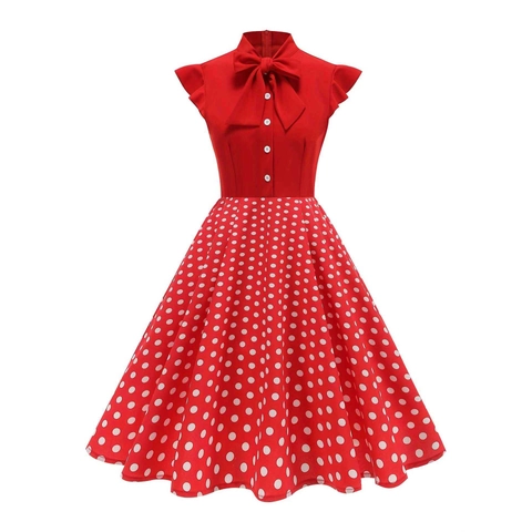 Women Retro Hepburn Polka Dot Dress 1950s Vintage Bow Neck Sleeveless A-Line Midi Party Dress For Cocktails Rockabilly Style