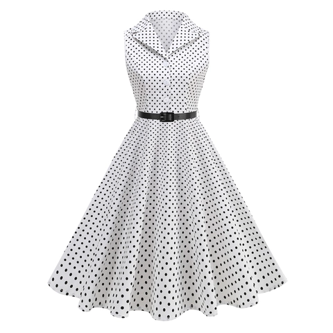 Vintage Polka Dot Mouwloze Midi Jurk Hepburn Stijl Retro A-Lijn Swing Jurk Met Riem Voor Vrouwen Elegante Feestkleding