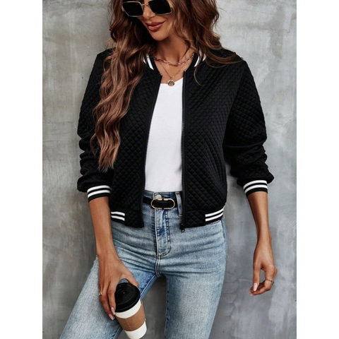 Women's Retro Quilted Bomber Jacket Diamond Pattern Striped Ribbed Trim Zip Up Long Sleeve Casual Baseball Outwear Coat