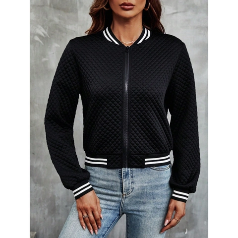 Women's Retro Quilted Bomber Jacket Diamond Pattern Striped Ribbed Trim Zip Up Long Sleeve Casual Baseball Outwear Coat