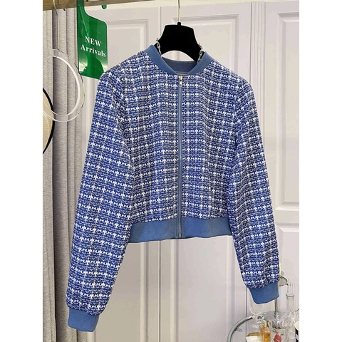 Dames Vintage Blauw Geruit Tweed Bomberjack Rits Casual Ronde Hals Slim Fit Lange Mouw Korte Jas Voor de Herfst
