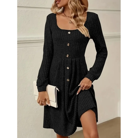 Women's Ribbed Knit Midi Dress Square Neck Single Breasted Long Sleeve Slim Fit Solid Color Polyester Cotton Bodycon Dress