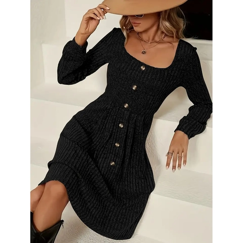 Women's Ribbed Knit Midi Dress Square Neck Single Breasted Long Sleeve Slim Fit Solid Color Polyester Cotton Bodycon Dress