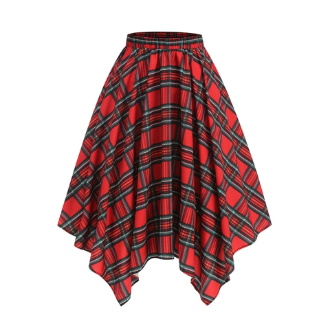 Women Plaid Asymmetrical Skirt Elastic Waist Tartan Mid-Length Handkerchief Hem Casual Streetwear Skirt Bottom