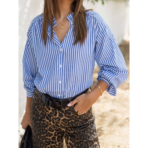 Damen Retro Blau Weiß Gestreiftes Langarmhemd Rüschenstehkragen Knöpfe Puffärmel Casual Elegante Bluse Top