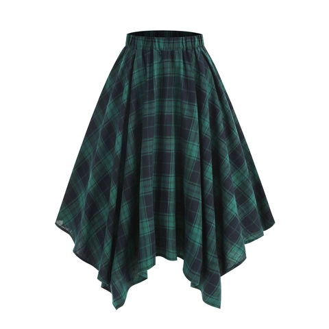 Women Plaid Asymmetrical Skirt Elastic Waist Tartan Mid-Length Handkerchief Hem Casual Streetwear Skirt Bottom