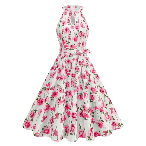 Robe Midi Vintage pour Femmes avec Col Halter et Imprimé Floral Style Audrey Hepburn Robe Trapèze Swing avec Ceinture sans Manches