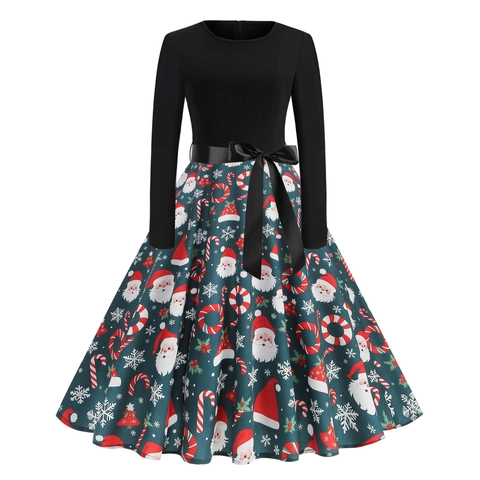 Robe Vintage de Noël en Coton Mercerisé Manches Longues Femmes Col Rond Grand Swing Imprimé Midi Robe Avec Ceinture à Nœud Fête