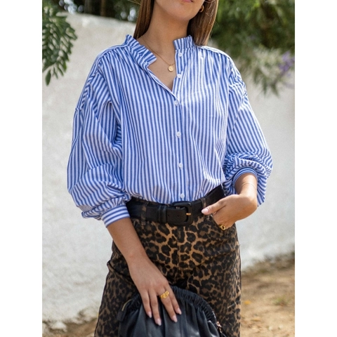 Damen Retro Blau Weiß Gestreiftes Langarmhemd Rüschenstehkragen Knöpfe Puffärmel Casual Elegante Bluse Top