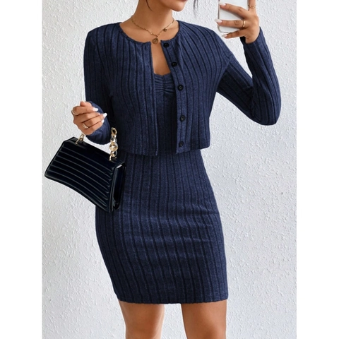 Damen Französische Schmale Passform Strick Gerippte Strickjacke Und Bodycon Midi Kleid Marineblau Casual Herbst Kleidung