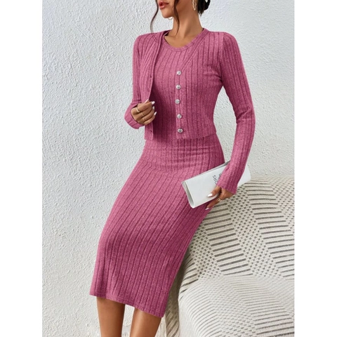 Franse Stijl Geribde Gebreide Set Voor Dames Roze V-hals Vest Met Knoppen En Slim Fit Midi-jurk Elegante Outfits