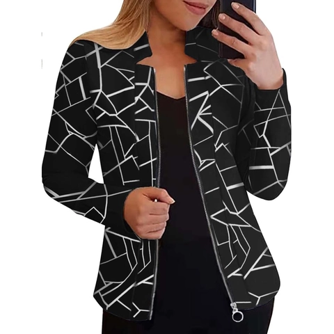 Chaqueta con Cremallera para Mujer con Estampado de Líneas Geométricas Vintage Ajuste Delgado Cuello Alto Uniforme de Béisbol Manga Larga