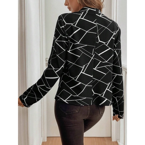 Chaqueta con Cremallera para Mujer con Estampado de Líneas Geométricas Vintage Ajuste Delgado Cuello Alto Uniforme de Béisbol Manga Larga